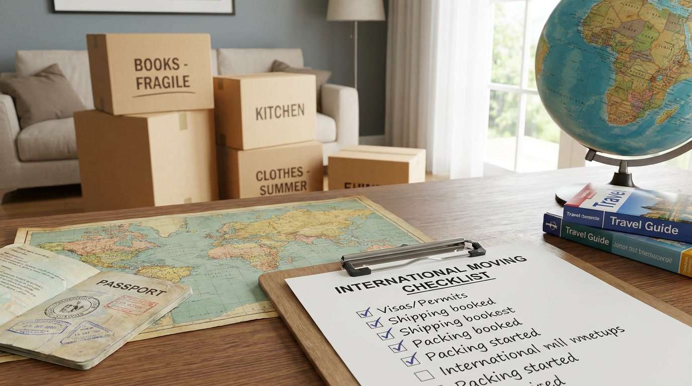 International moving checklist on clipboard with passport and world map