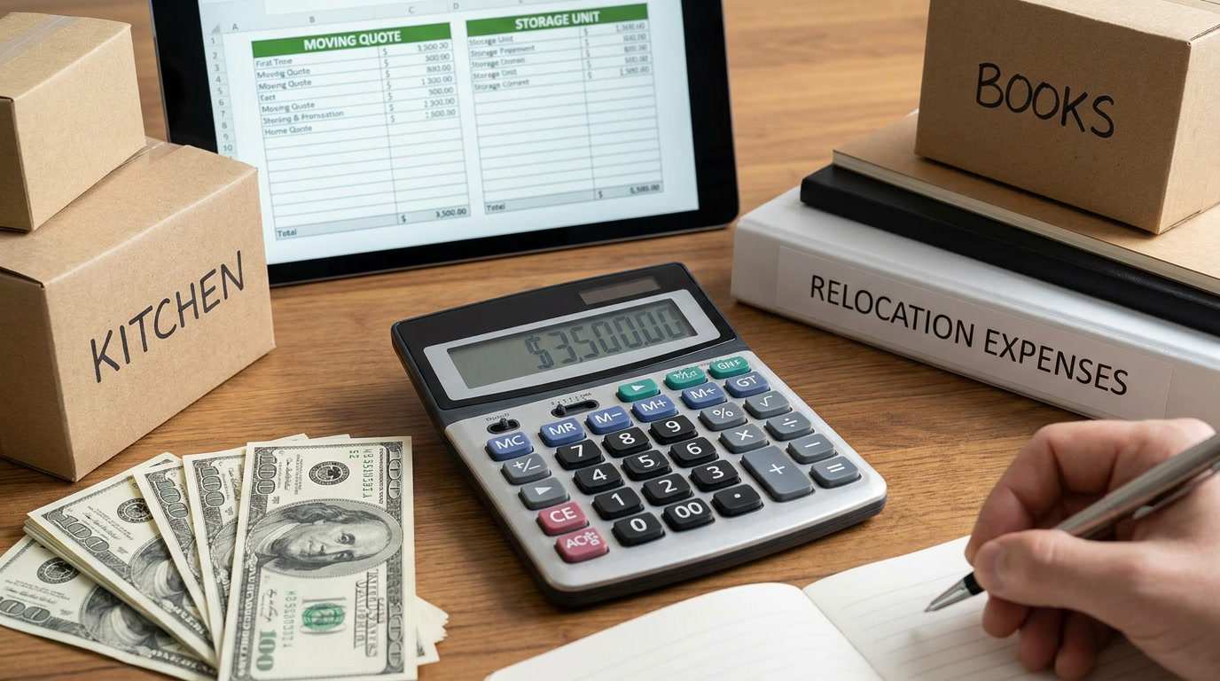 Calculator and dollar bills next to moving boxes for cost planning