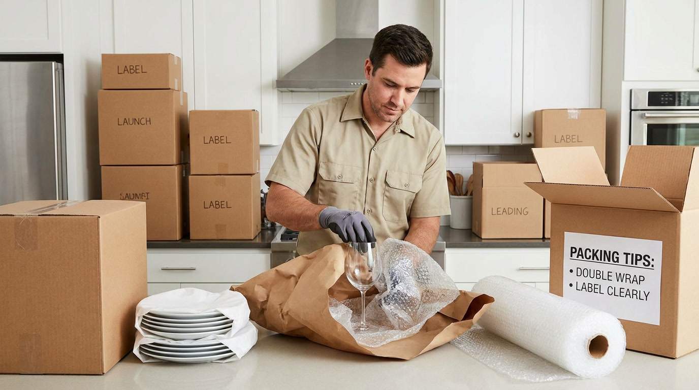 Professional mover wrapping glassware with bubble wrap, demonstrating safe packing techniques
