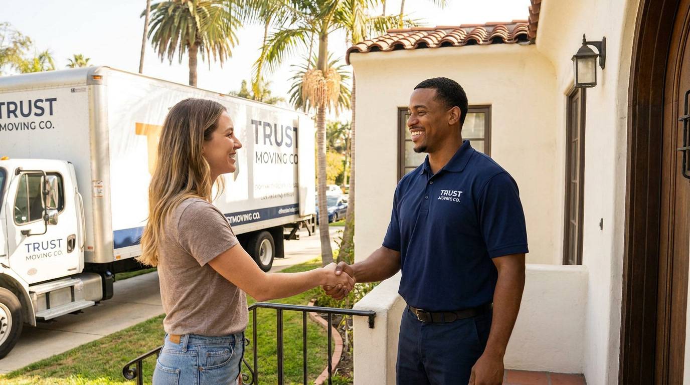 Friendly Ironmen mover shaking hands with a satisfied customer in front of Los Angeles home