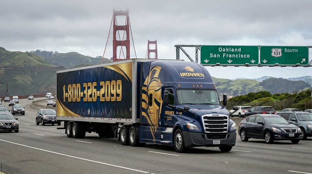 Ironmen Moving and Storage trucks branded with the new IRONMEN logo, parked in front of the San Francisco skyline