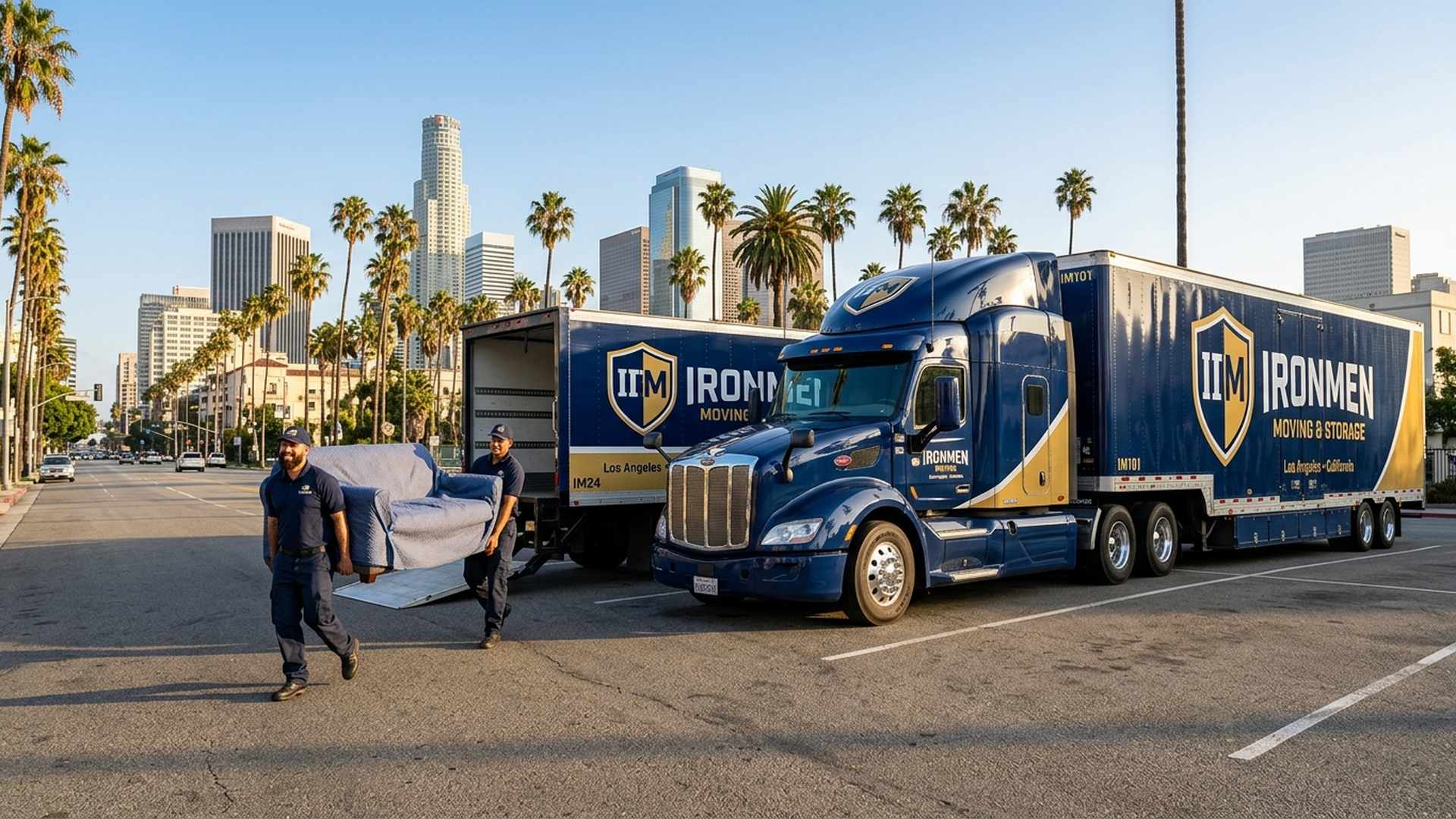 Two Ironmen movers in navy uniforms carrying a wrapped sofa past navy and gold Ironmen big-rig and box trucks with the downtown Los Angeles skyline behind them