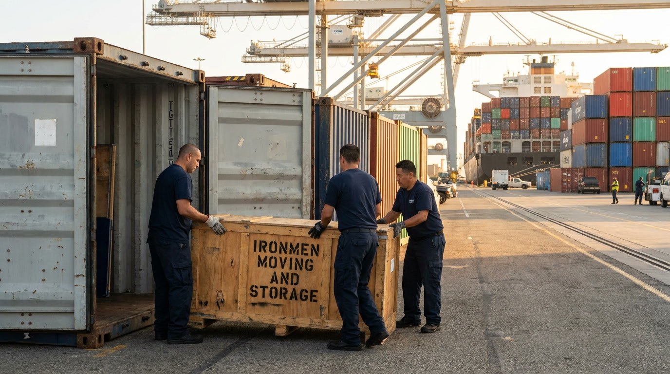 Ironmen Moving and Storage crew loading a branded wooden crate into a shipping container at the Bay Area port