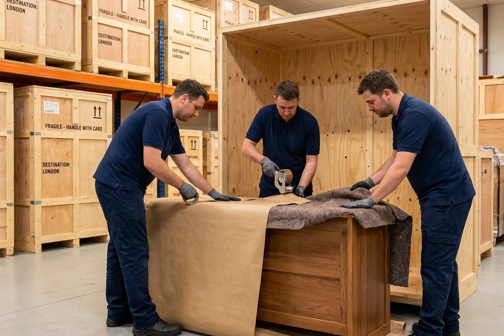 Ironmen Moving and Storage team wrapping furniture inside a wooden export crate at the Bay Area warehouse
