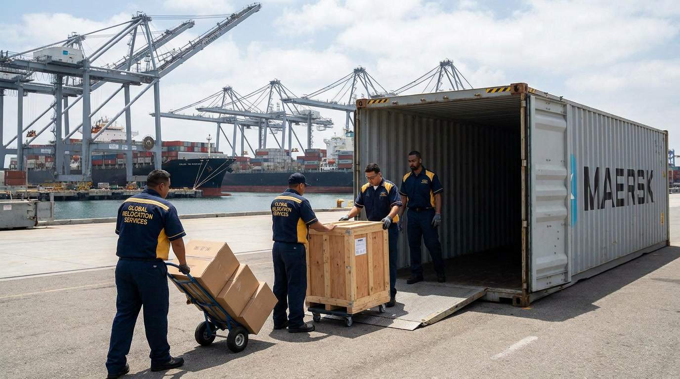 Ironmen Moving crew loading crates at Los Angeles port for international shipment