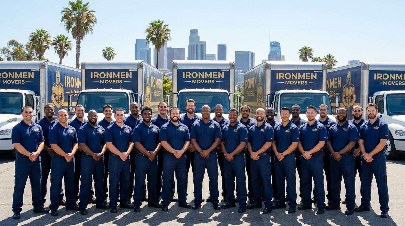 Ironmen Moving and Storage team posing in front of fleet of branded moving trucks in Los Angeles