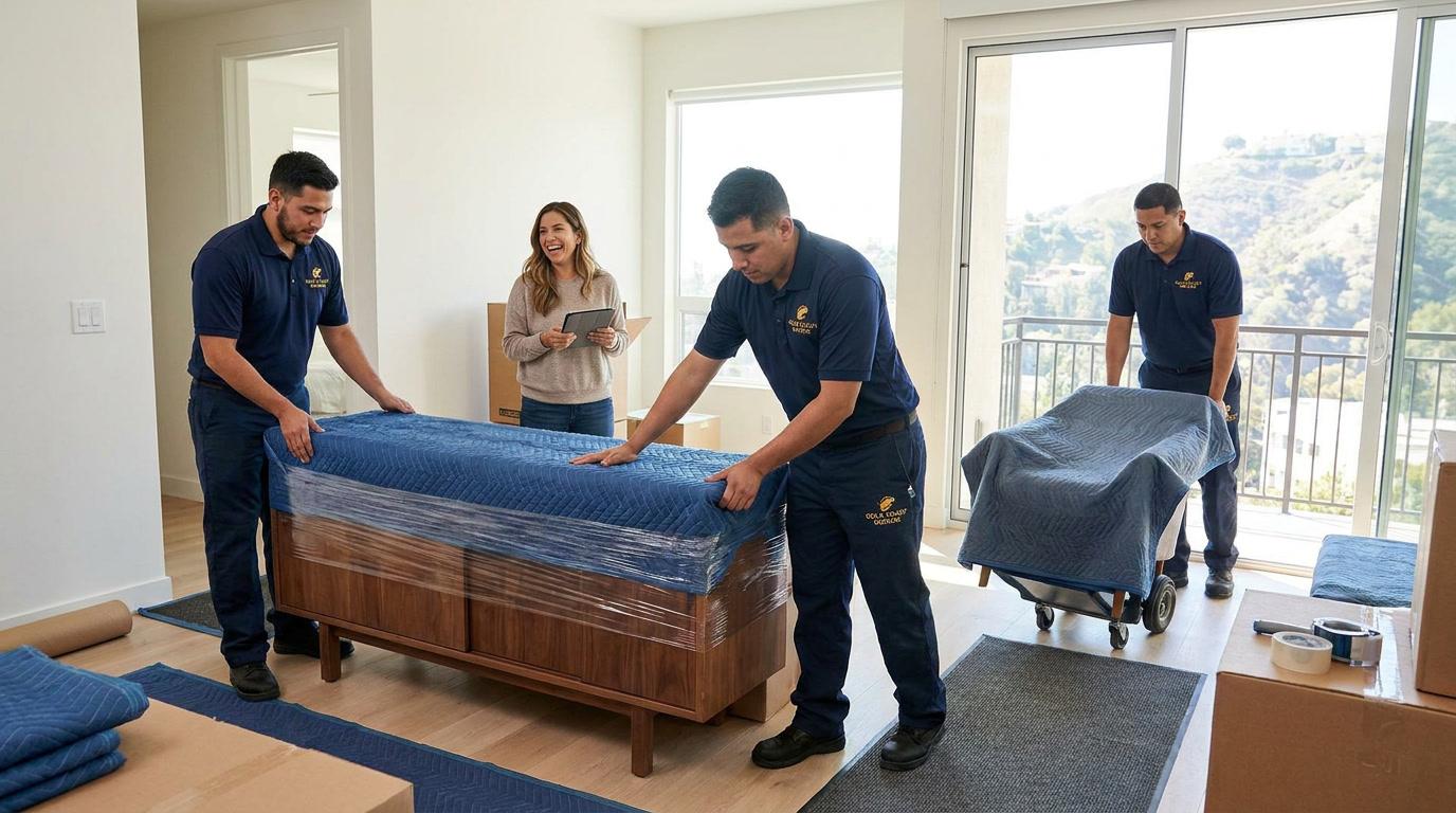 Ironmen movers moving furniture inside a Los Angeles home during a local move
