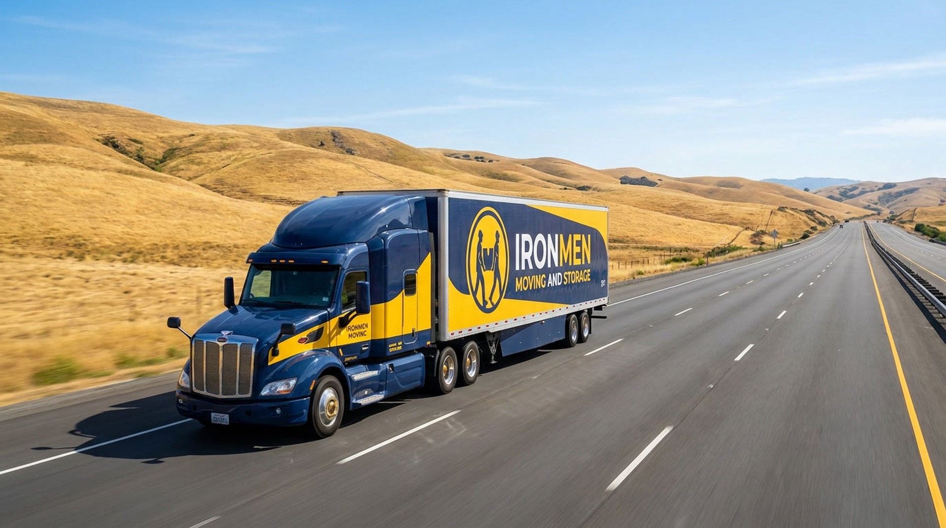 Ironmen Moving branded truck driving on California highway for a long-distance move