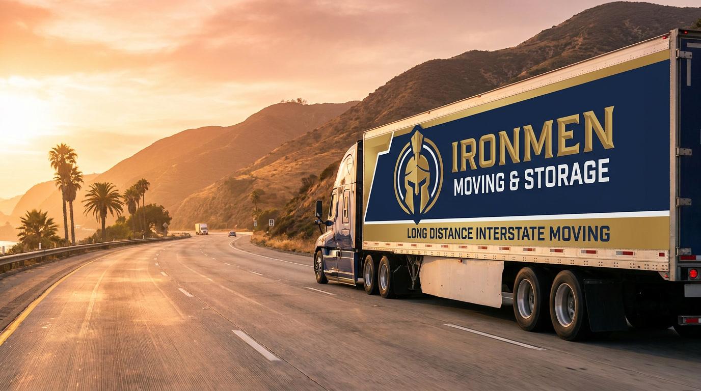 Ironmen Moving branded truck driving on California highway for a long-distance move