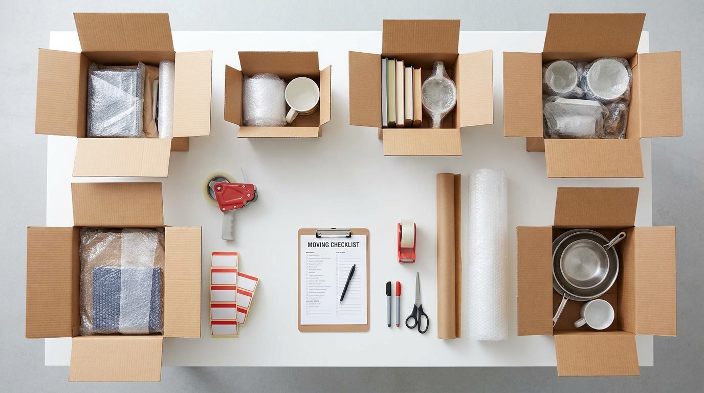 Moving boxes, packing supplies, and checklist clipboard representing moving preparation resources