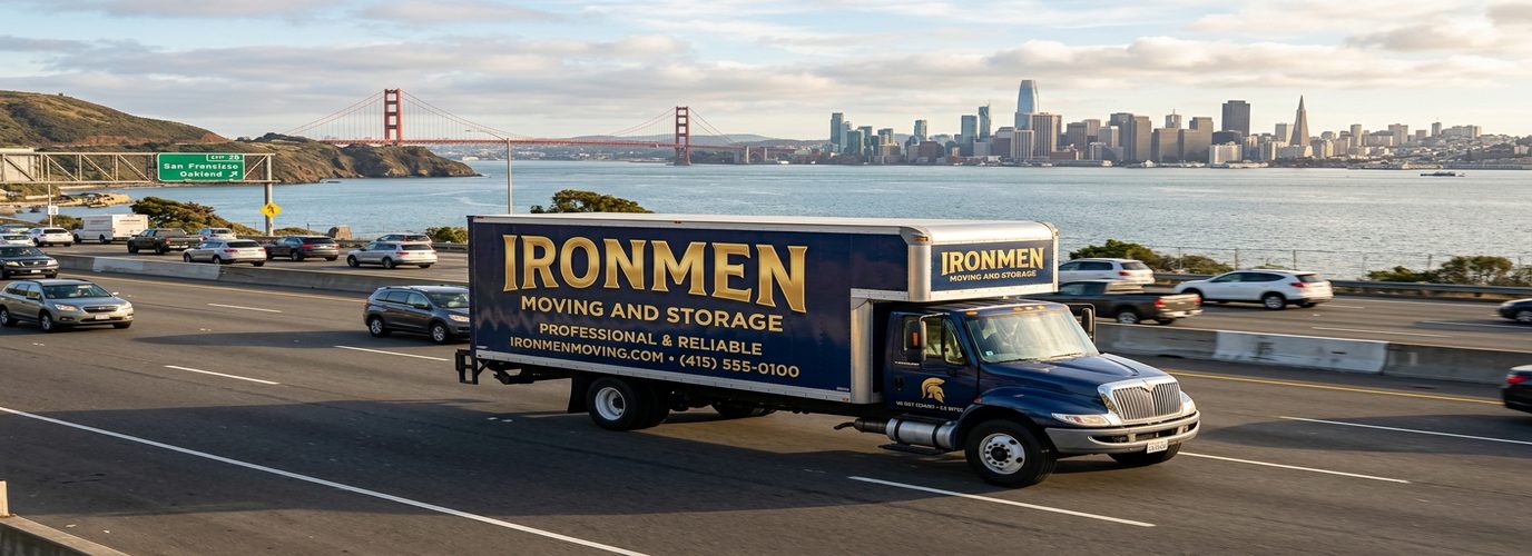 Professional moving truck on California highway serving Los Angeles and Bay Area cities
