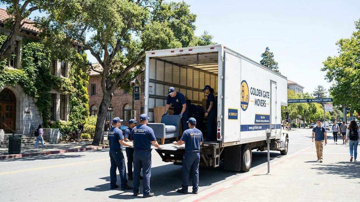 Ironmen Moving professionals with branded truck on a Berkeley, CA tree-lined street near UC Berkeley campus with ivy-covered buildings