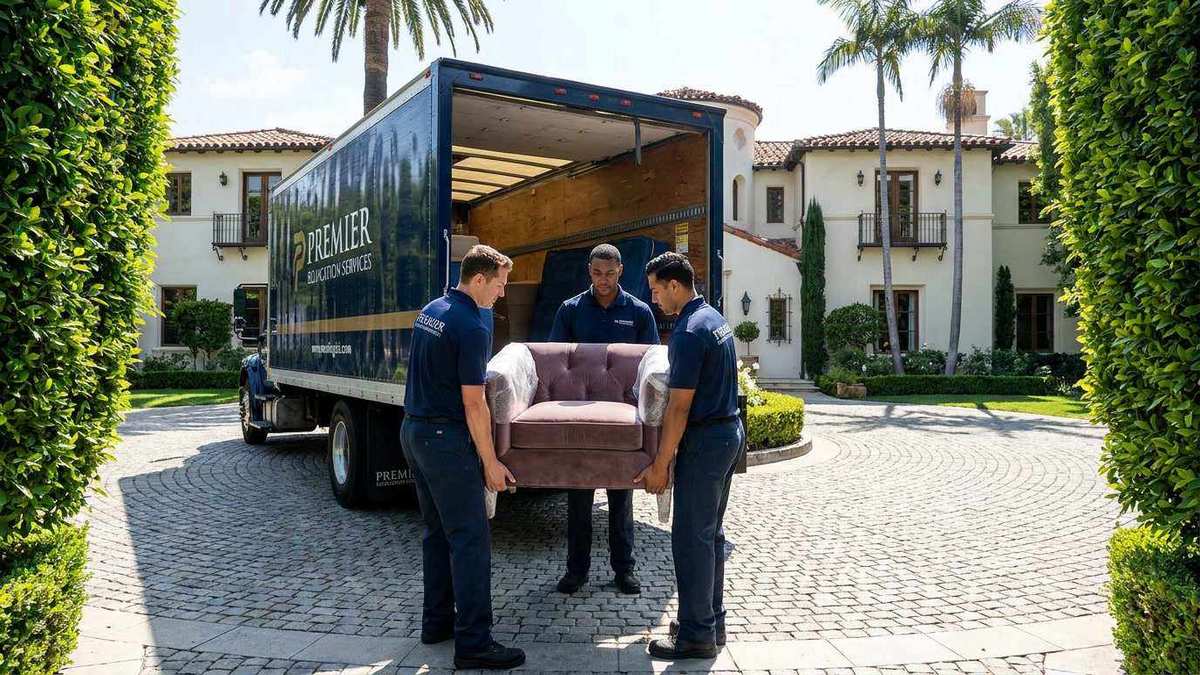 Ironmen professional movers carefully handling luxury furniture at an upscale Beverly Hills estate with manicured hedges and grand driveway