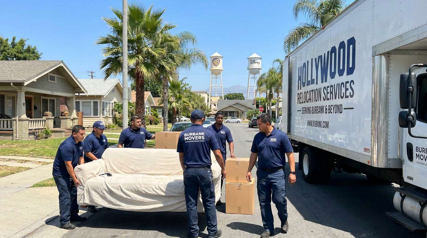 Ironmen Moving crew carrying furniture on a sunny Burbank, CA street near the studio entertainment district