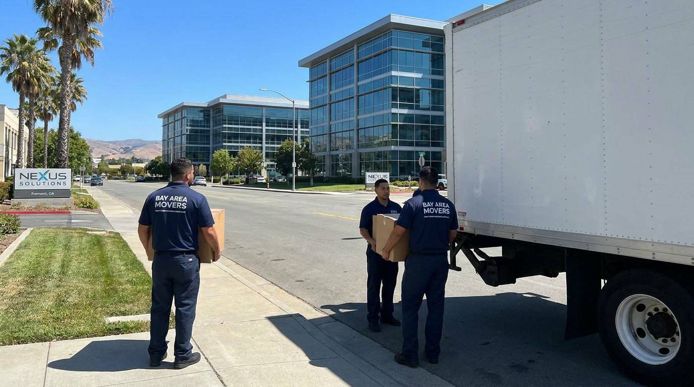 Ironmen Moving professionals loading truck on a modern Fremont, CA street near Silicon Valley tech company buildings