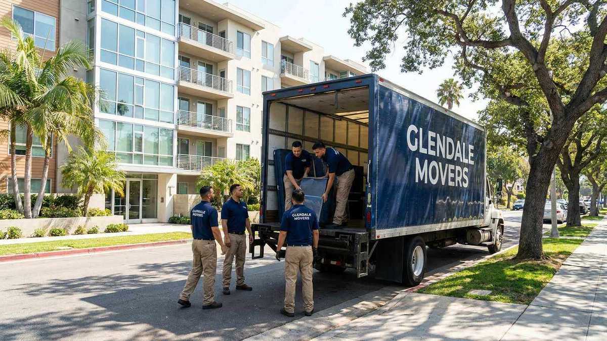 Ironmen professional movers with branded navy blue truck on a tree-lined street in Glendale, CA