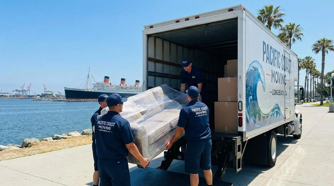 Long Beach waterfront with moving truck representing local moving service
