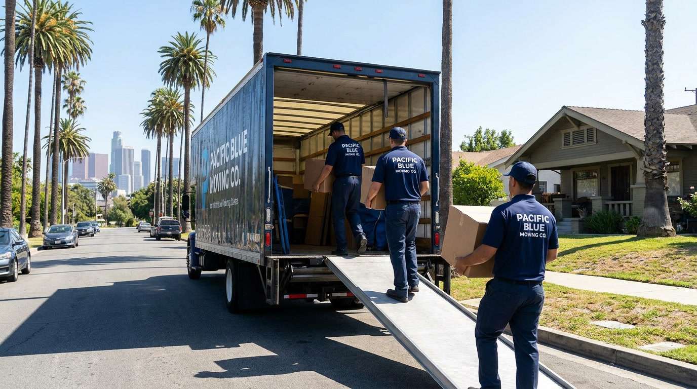 Ironmen professional movers loading furniture into branded truck on a Los Angeles residential street with palm trees and downtown LA skyline in the background