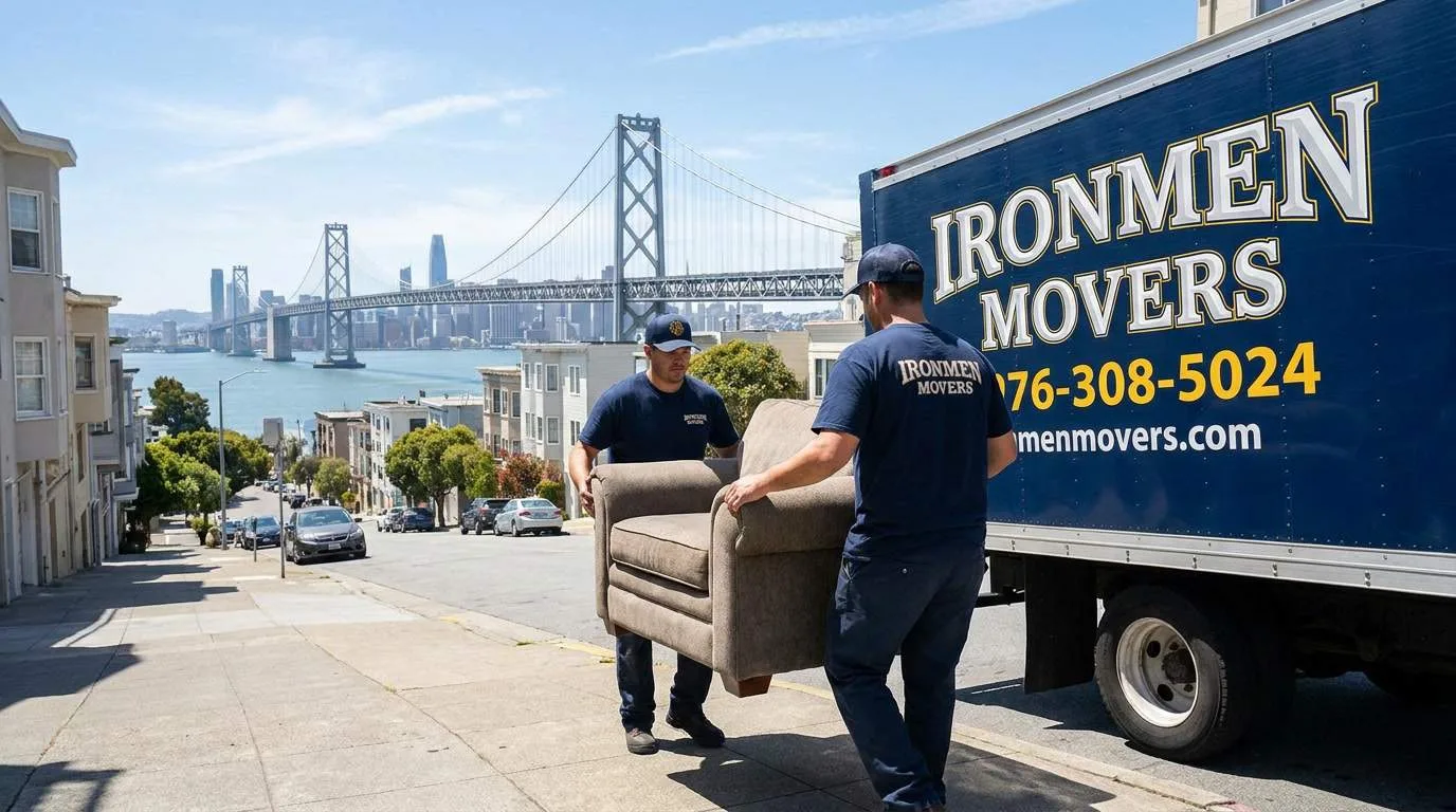 Oakland waterfront with professional movers loading truck at residential building