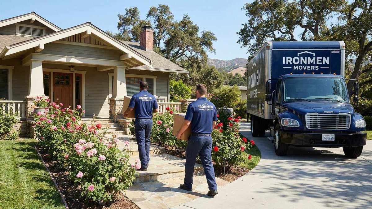 Ironmen movers carrying boxes into a historic Craftsman home in Pasadena, CA with rose gardens visible
