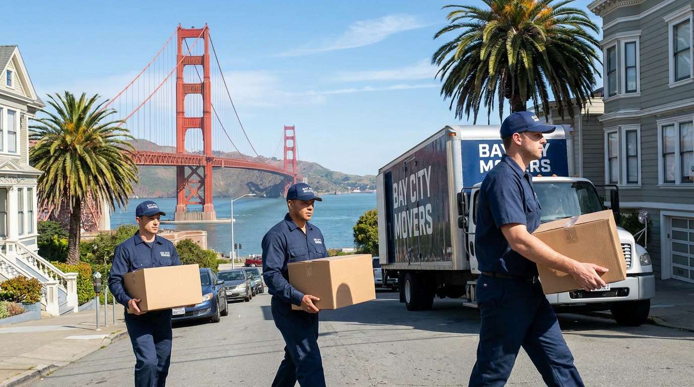Ironmen professional movers carrying boxes with the San Francisco Golden Gate Bridge visible in the background