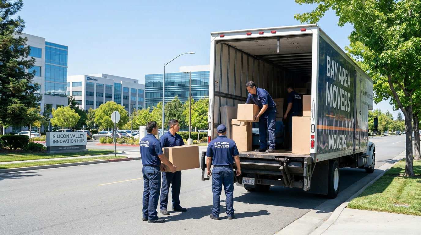Ironmen Moving crew loading truck on a clean San Jose, CA street with Silicon Valley tech campus buildings visible in the background