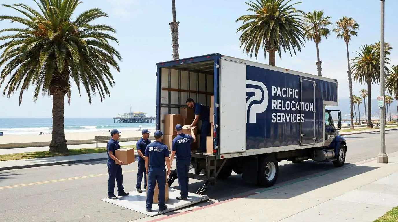 Santa Monica pier area with professional moving crew and branded truck