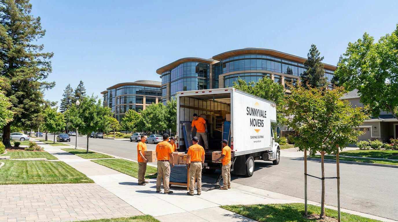 Ironmen Moving crew loading truck on a clean Sunnyvale, CA residential street in Silicon Valley