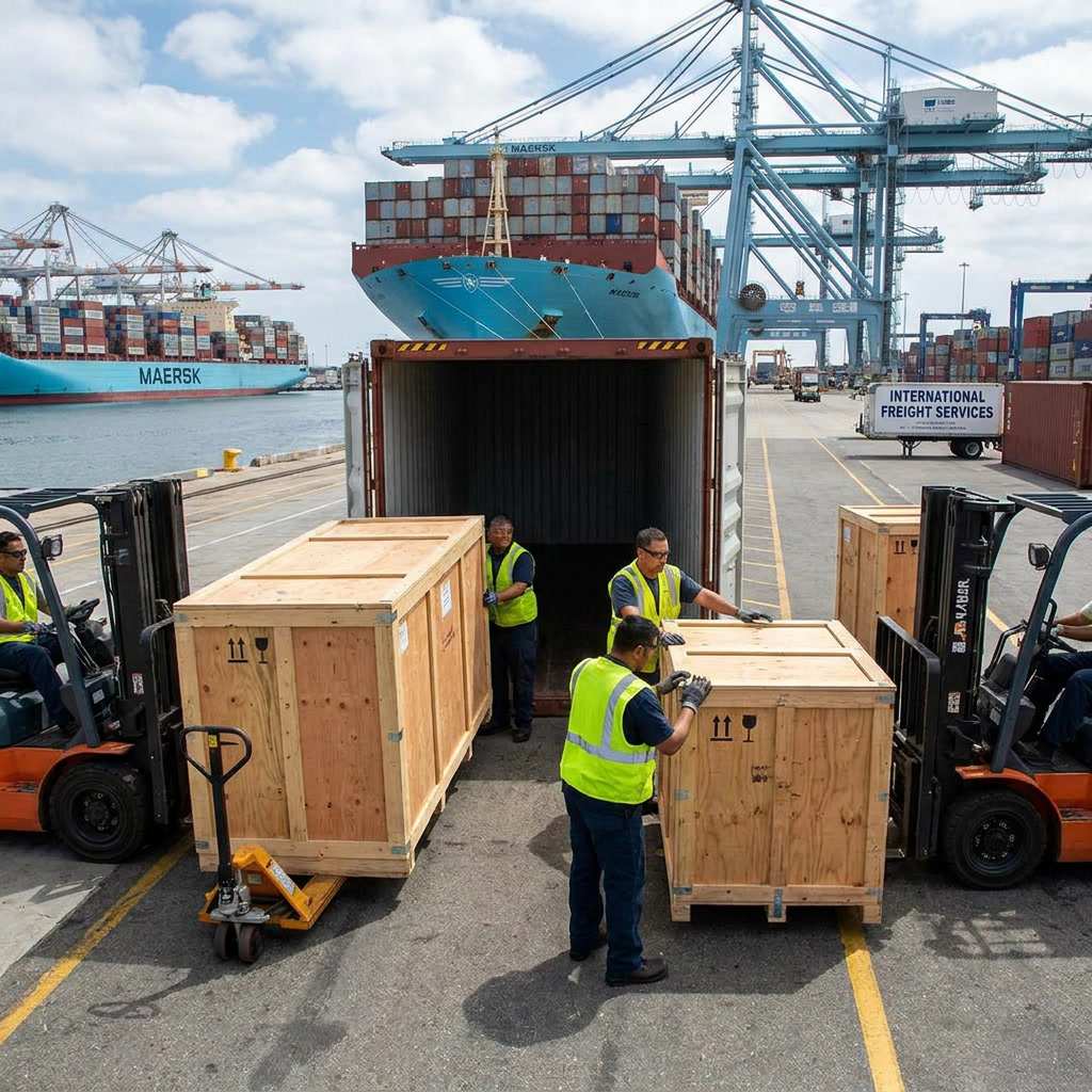 Ironmen Moving crew loading sealed wooden crates for international shipment from Los Angeles port