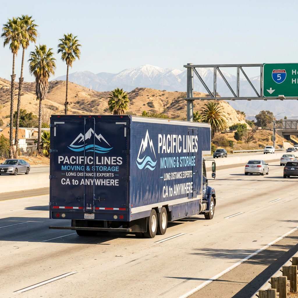 Ironmen Moving branded truck on California highway for a long-distance interstate move