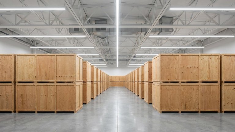 Inside the Ironmen Moving and Storage Bay Area warehouse &mdash; wooden vaults stacked under climate-controlled ceiling units