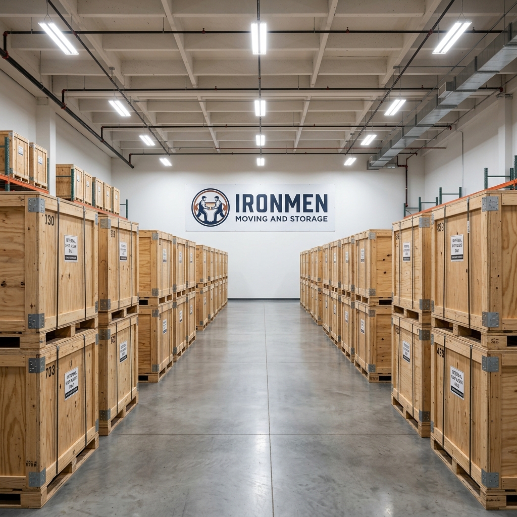 Inside the Ironmen Moving and Storage Bay Area warehouse — rows of sealed wooden storage vaults organized by our staff
