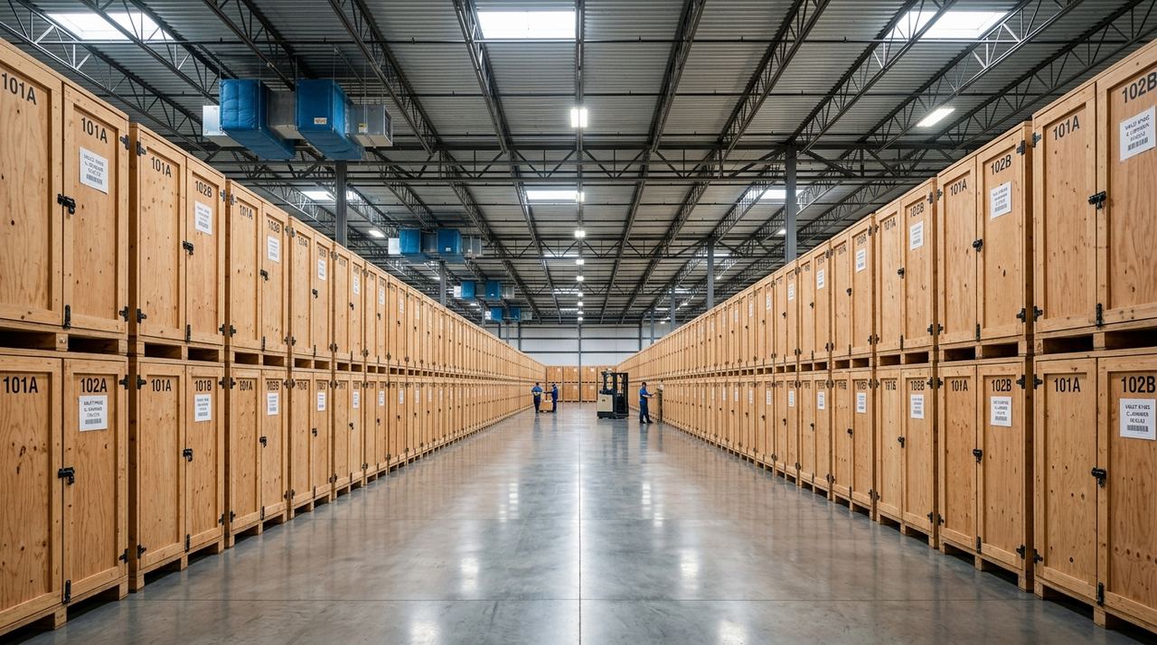 Rows of Ironmen Moving and Storage wooden vaults stacked inside the climate-controlled Bay Area warehouse